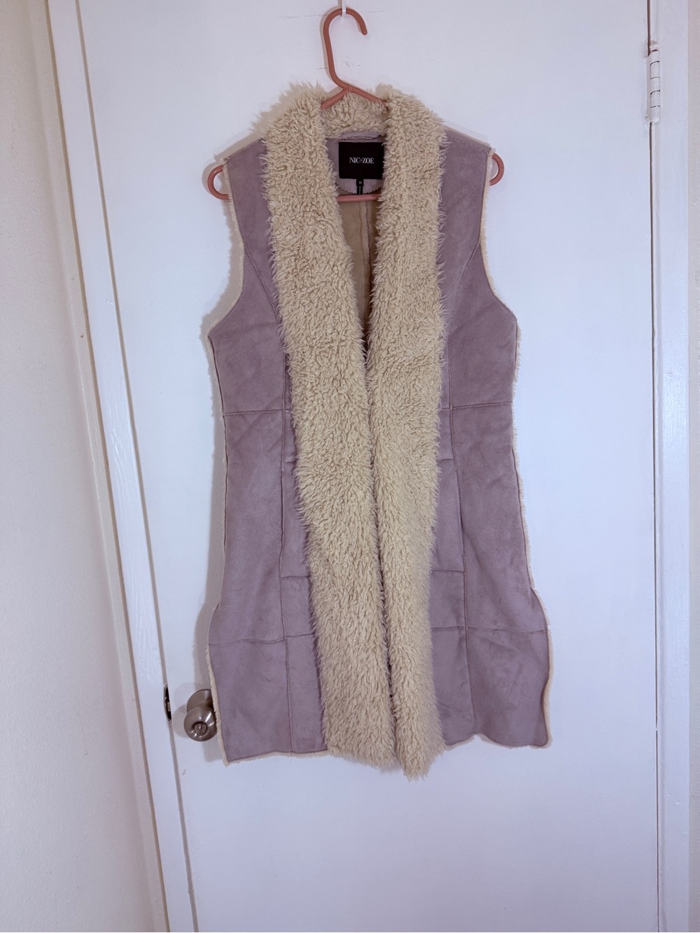 NIC+ZOE Taupe Suede-Look Faux Shearling Vest with Cream Trim